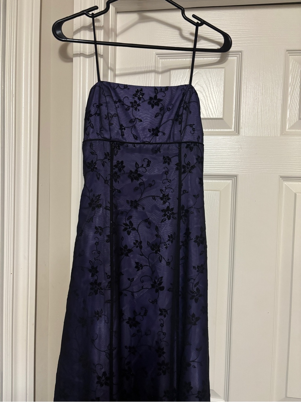 Ellie Strapless Navy Blue Dress with Black Floral Lace Overlay